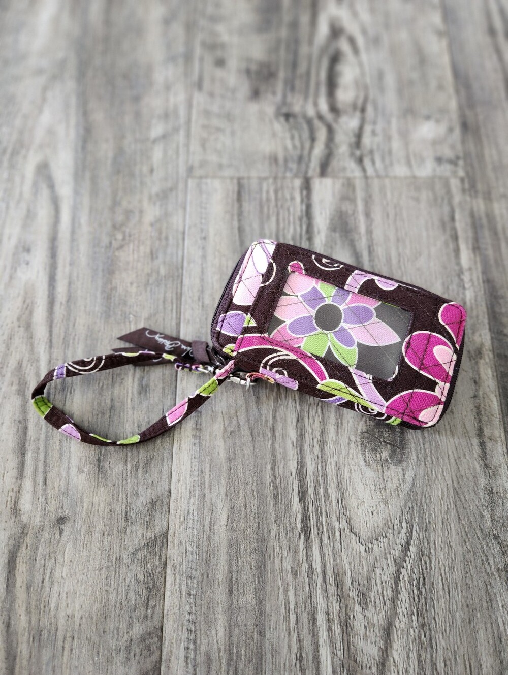 Vera Bradley Floral Wristlet ID Holder in Brown, Pink & Green
